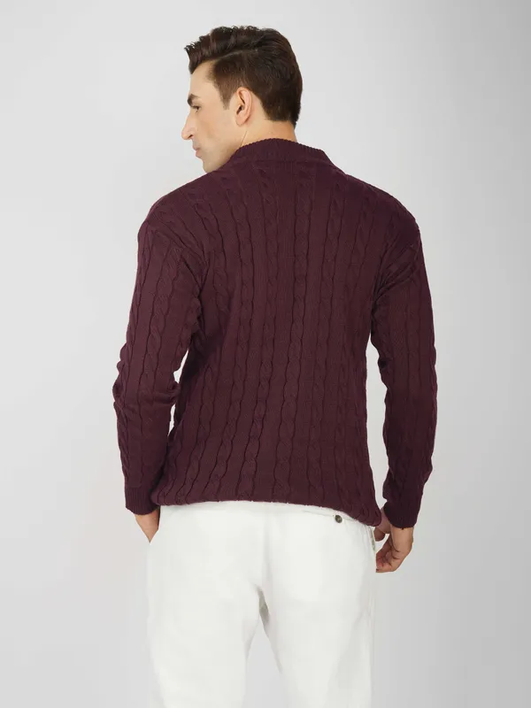 Purple_Men's_Woollen_High_Neck_Sweater_Quarter_Zip_Cable_Knit_Winter_Pullover