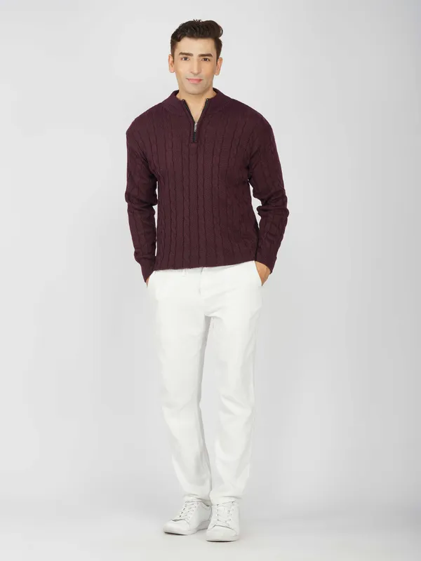 Purple_Men's_Woollen_High_Neck_Sweater_Quarter_Zip_Cable_Knit_Winter_Pullover