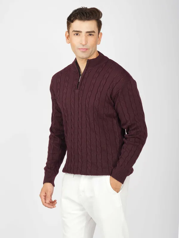 Purple_Men's_Woollen_High_Neck_Sweater_Quarter_Zip_Cable_Knit_Winter_Pullover