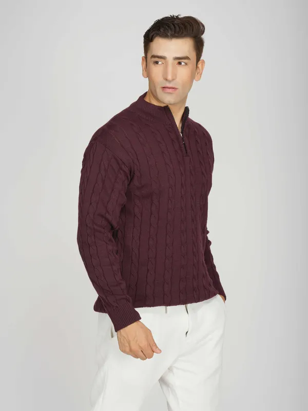 Purple_Men's_Woollen_High_Neck_Sweater_Quarter_Zip_Cable_Knit_Winter_Pullover