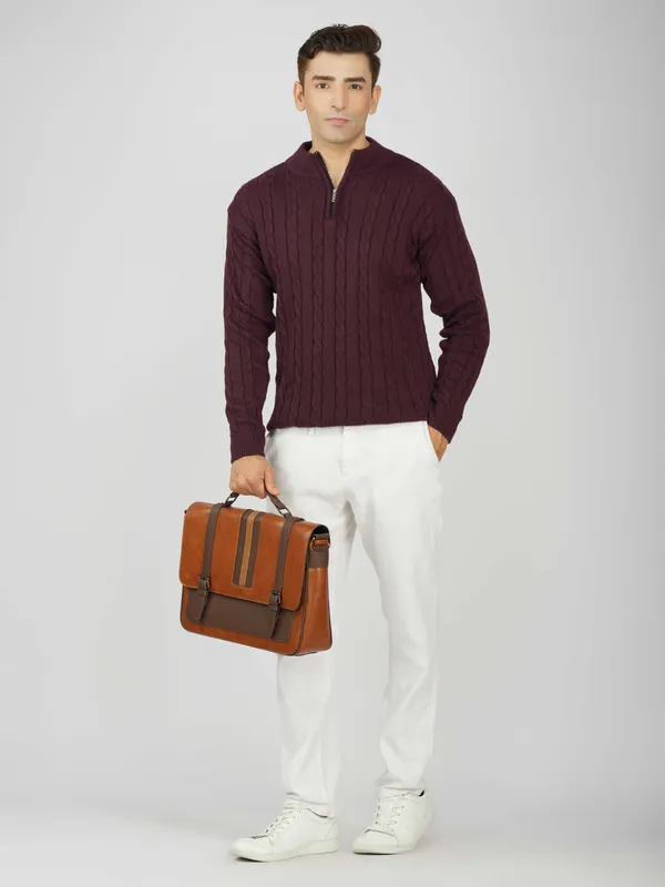 Purple_Men's_Woollen_High_Neck_Sweater_Quarter_Zip_Cable_Knit_Winter_Pullover