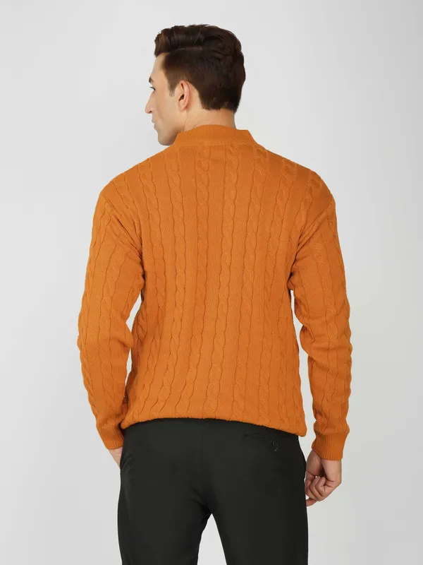 Rust_Men's_Woollen_High_Neck_Sweater_Quarter_Zip_Cable_Knit_Winter_Pullover