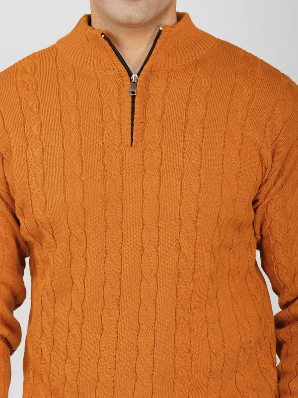 Rust_Men's_Woollen_High_Neck_Sweater_Quarter_Zip_Cable_Knit_Winter_Pullover