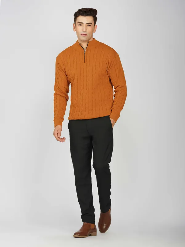 Rust_Men's_Woollen_High_Neck_Sweater_Quarter_Zip_Cable_Knit_Winter_Pullover