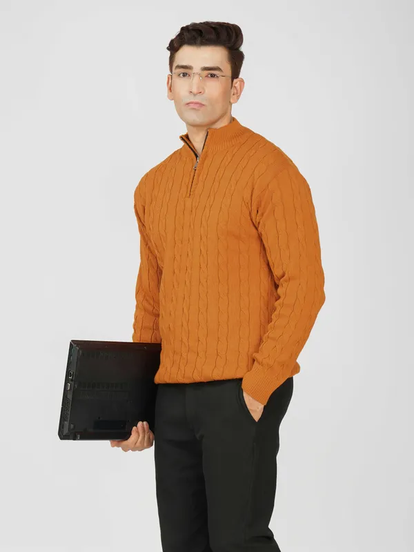 Rust_Men's_Woollen_High_Neck_Sweater_Quarter_Zip_Cable_Knit_Winter_Pullover