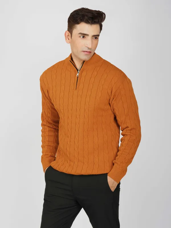 Rust_Men's_Woollen_High_Neck_Sweater_Quarter_Zip_Cable_Knit_Winter_Pullover