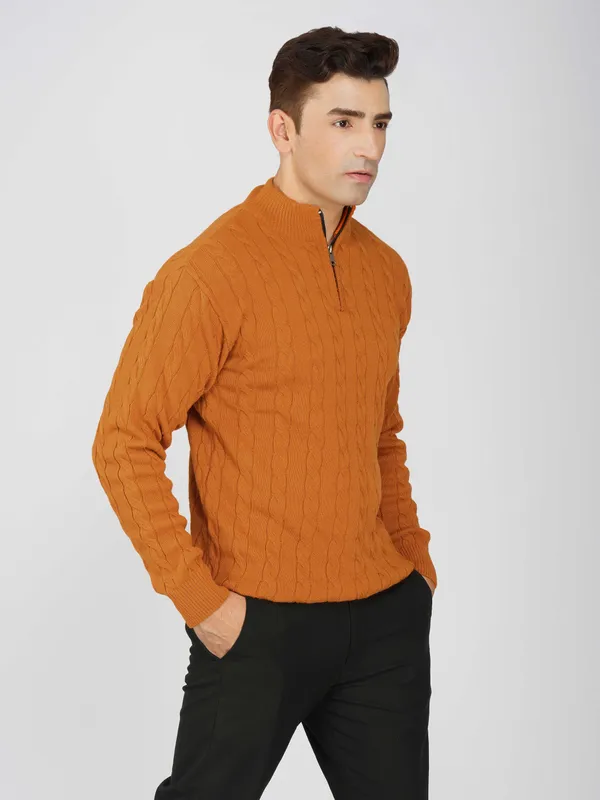 Rust_Men's_Woollen_High_Neck_Sweater_Quarter_Zip_Cable_Knit_Winter_Pullover