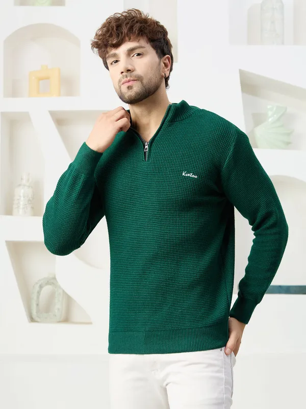 Bottle_Green_Men's_Half_Zipper_Self_Knitted_Plain_Sweater