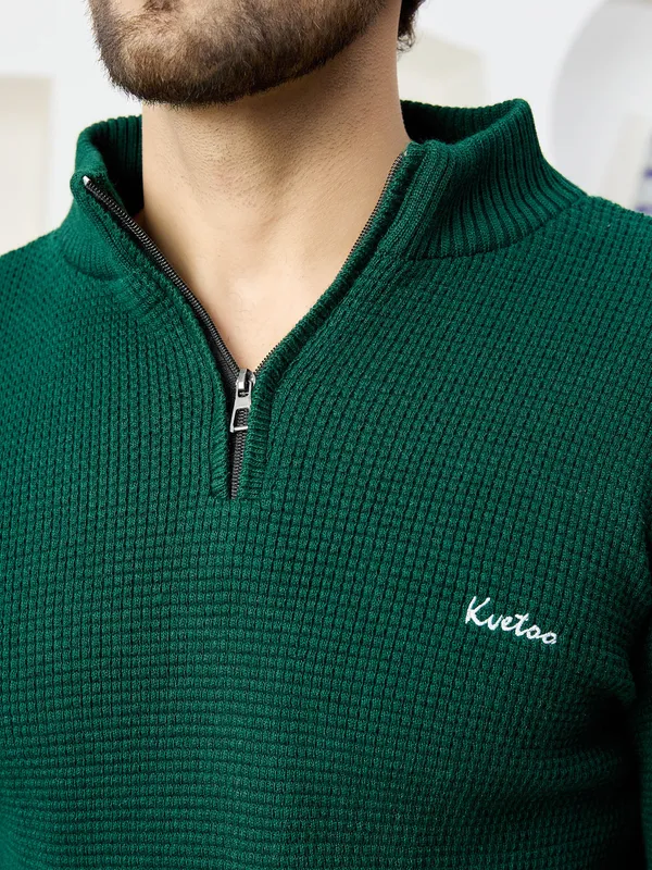 Bottle_Green_Men's_Half_Zipper_Self_Knitted_Plain_Sweater