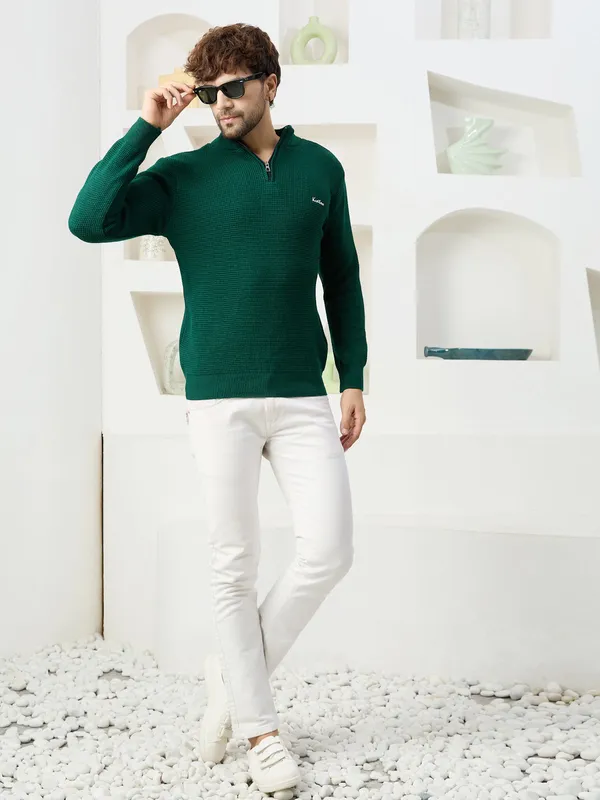 Bottle_Green_Men's_Half_Zipper_Self_Knitted_Plain_Sweater