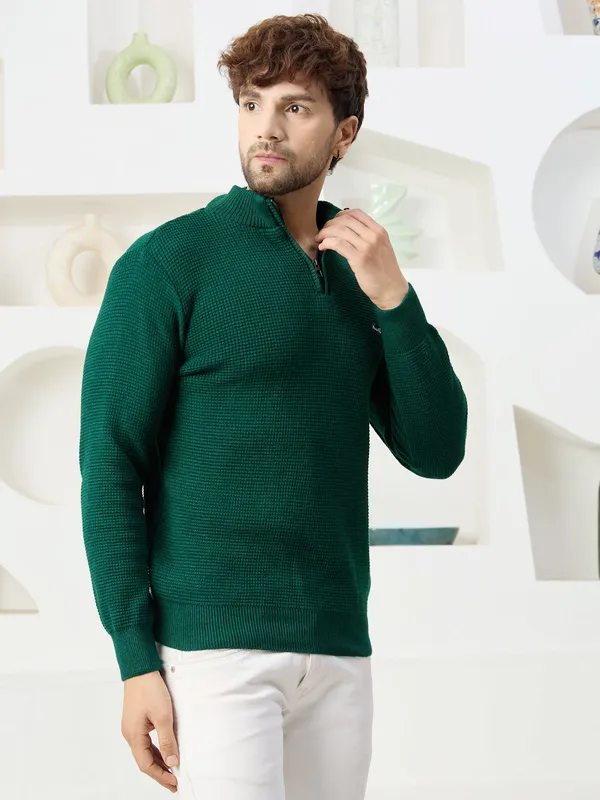 Bottle_Green_Men's_Half_Zipper_Self_Knitted_Plain_Sweater