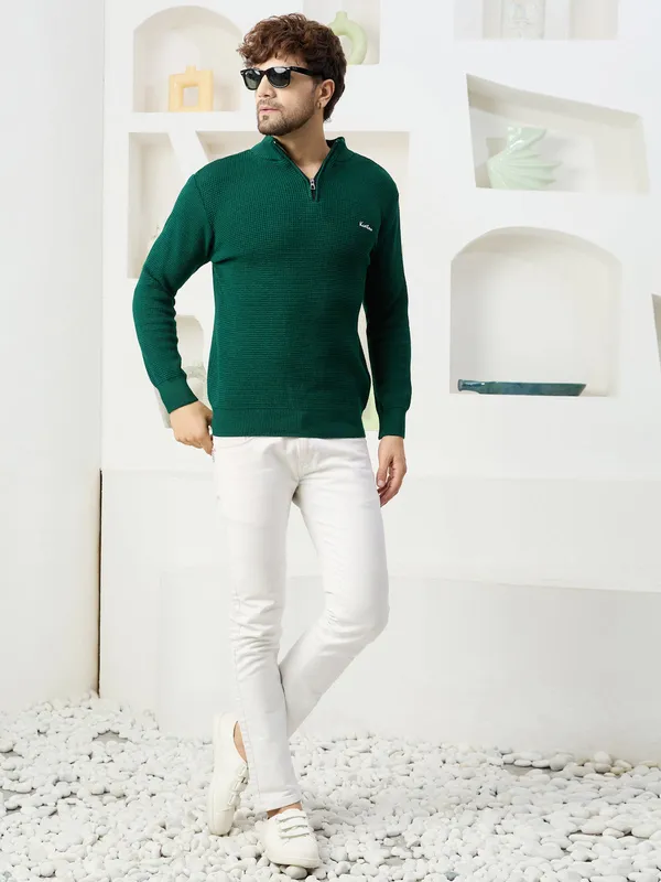 Bottle_Green_Men's_Half_Zipper_Self_Knitted_Plain_Sweater
