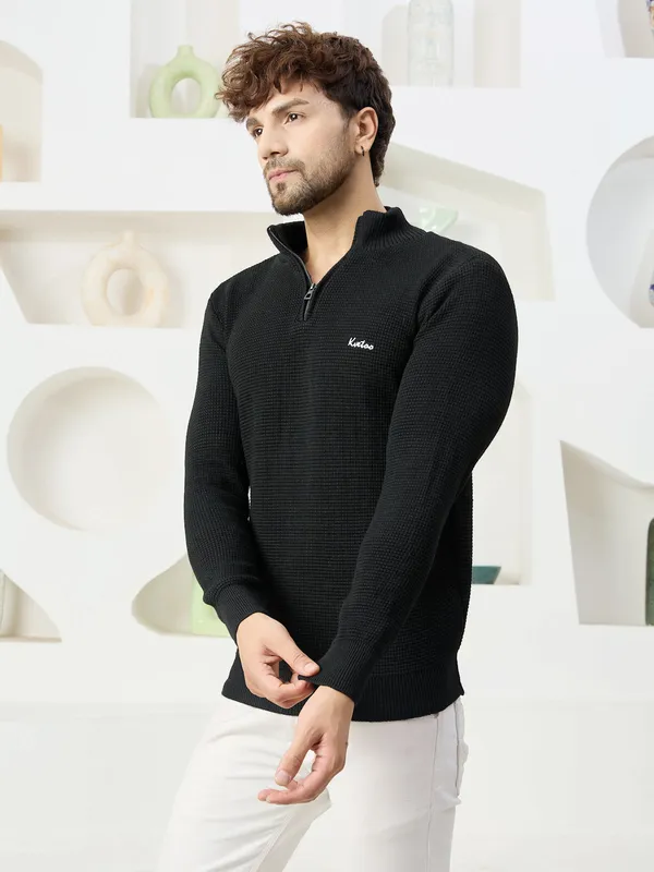 Black_Mens_Half_Zipper_Self_Knitted_Plain_Sweater