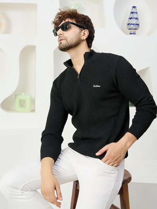 Black_Mens_Half_Zipper_Self_Knitted_Plain_Sweater