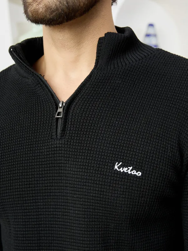 Black_Mens_Half_Zipper_Self_Knitted_Plain_Sweater