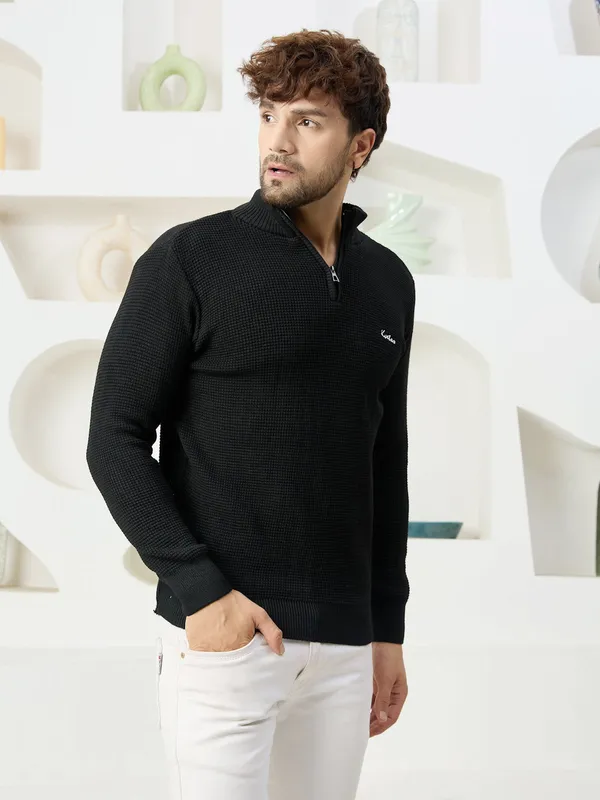 Black_Mens_Half_Zipper_Self_Knitted_Plain_Sweater