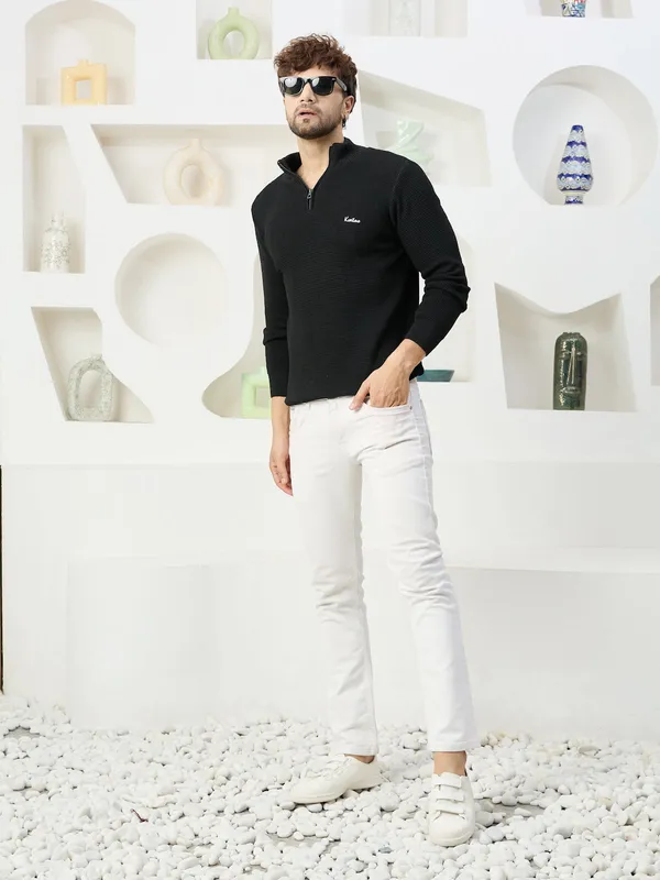 Black_Mens_Half_Zipper_Self_Knitted_Plain_Sweater