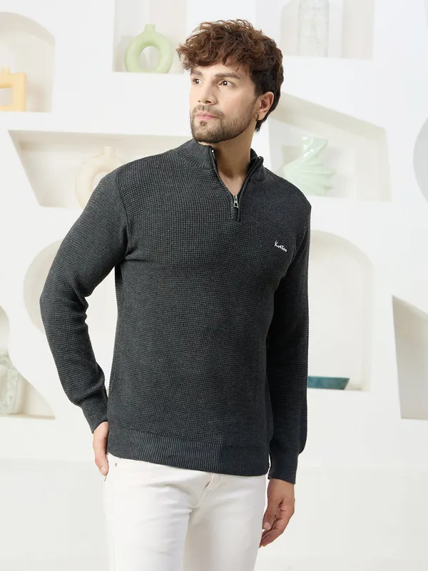 Dark-Grey_Mens_Half_Zipper_Self_Knitted_Plain_Sweater