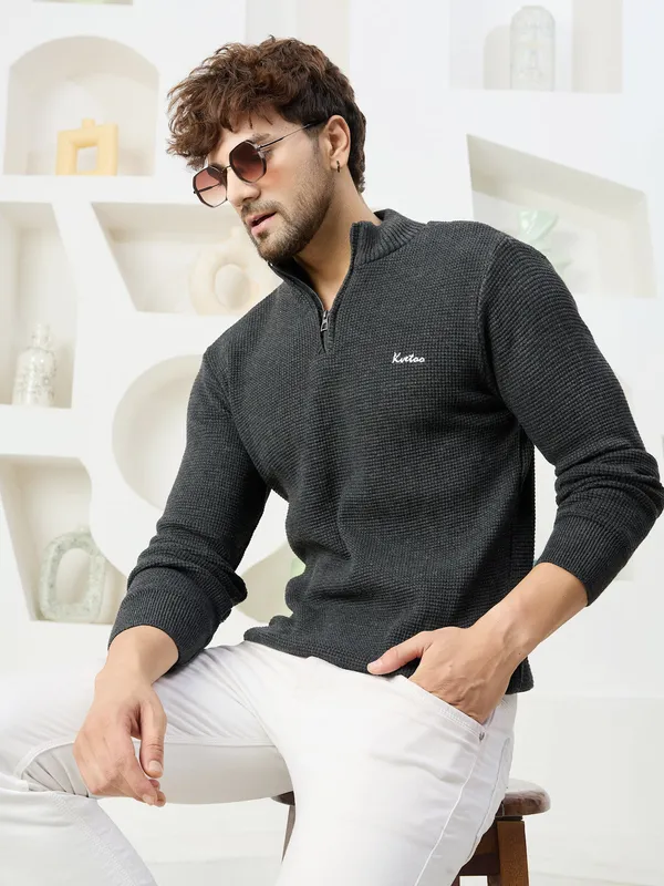 Dark-Grey_Mens_Half_Zipper_Self_Knitted_Plain_Sweater