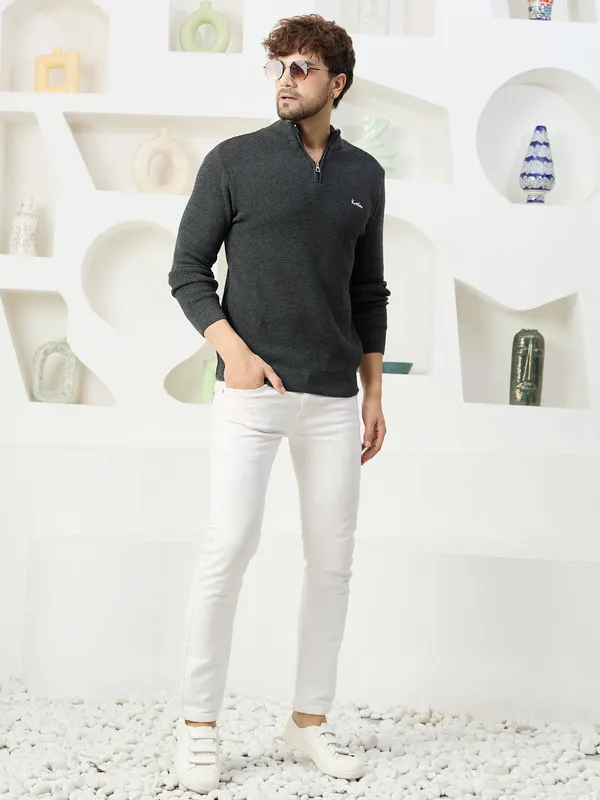 Dark-Grey_Mens_Half_Zipper_Self_Knitted_Plain_Sweater
