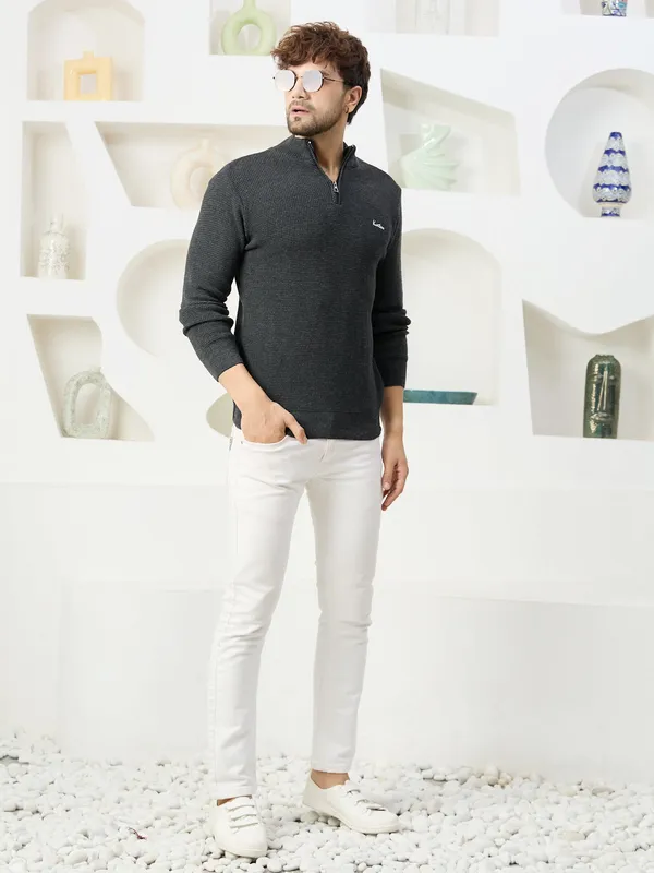 Dark-Grey_Mens_Half_Zipper_Self_Knitted_Plain_Sweater