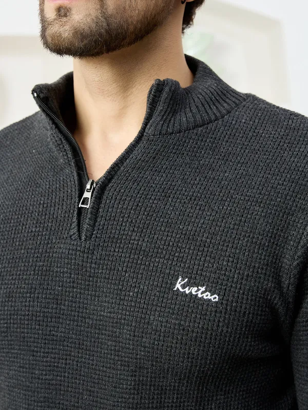 Dark-Grey_Mens_Half_Zipper_Self_Knitted_Plain_Sweater