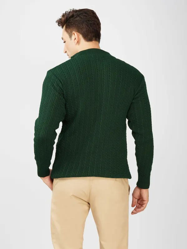 Bottle_Green_Men's_Quarter_Zip_Wool_Blend_Cable_Knit_Sweater_For_Winter