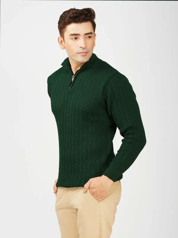 Bottle_Green_Men's_Quarter_Zip_Wool_Blend_Cable_Knit_Sweater_For_Winter