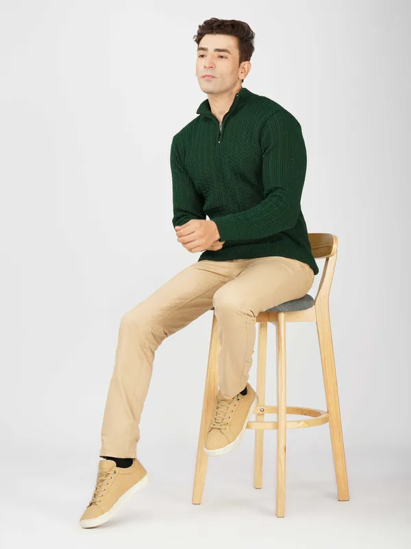 Bottle_Green_Men's_Quarter_Zip_Wool_Blend_Cable_Knit_Sweater_For_Winter
