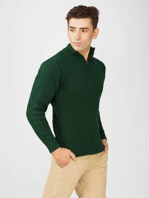 Bottle_Green_Men's_Quarter_Zip_Wool_Blend_Cable_Knit_Sweater_For_Winter
