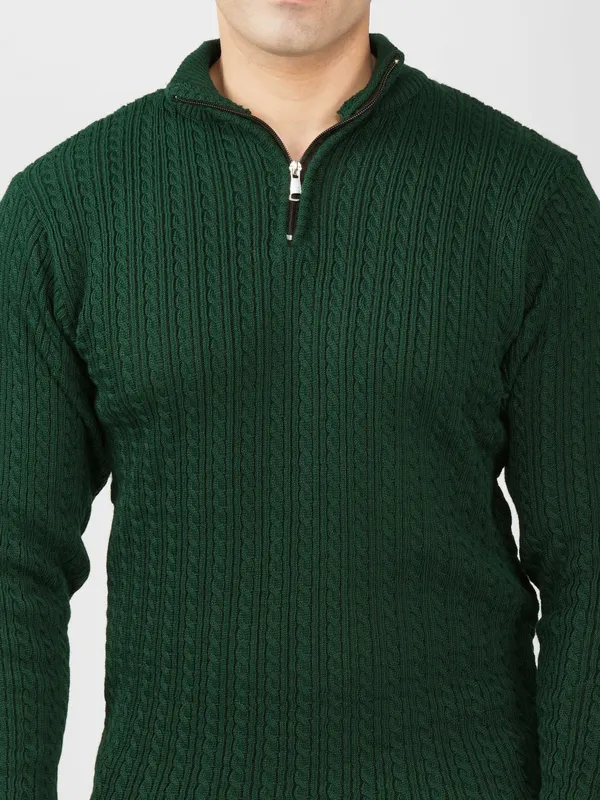 Bottle_Green_Men's_Quarter_Zip_Wool_Blend_Cable_Knit_Sweater_For_Winter