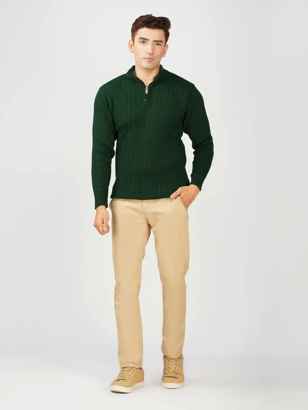 Bottle_Green_Men's_Quarter_Zip_Wool_Blend_Cable_Knit_Sweater_For_Winter