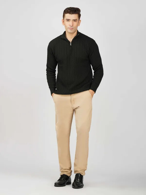 Black_Men's_Quarter_Zip_Wool_Blend_Cable_Knit_Sweater_For_Winter