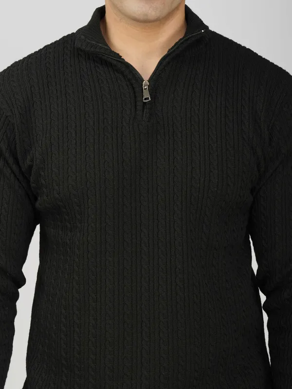Black_Men's_Quarter_Zip_Wool_Blend_Cable_Knit_Sweater_For_Winter