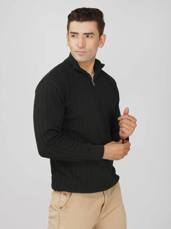 Black_Men's_Quarter_Zip_Wool_Blend_Cable_Knit_Sweater_For_Winter