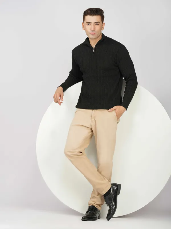 Black_Men's_Quarter_Zip_Wool_Blend_Cable_Knit_Sweater_For_Winter