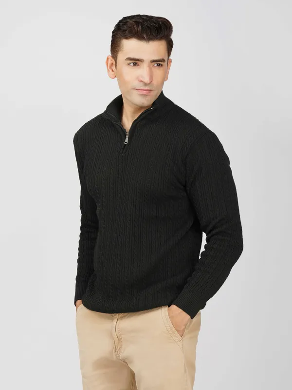 Black_Men's_Quarter_Zip_Wool_Blend_Cable_Knit_Sweater_For_Winter