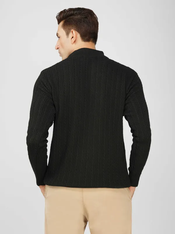 Black_Men's_Quarter_Zip_Wool_Blend_Cable_Knit_Sweater_For_Winter