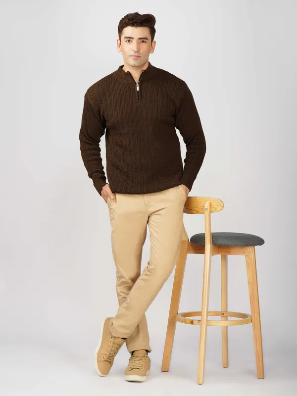Brown_Men's_Quarter_Zip_Wool_Blend_Cable_Knit_Sweater_For_Winter