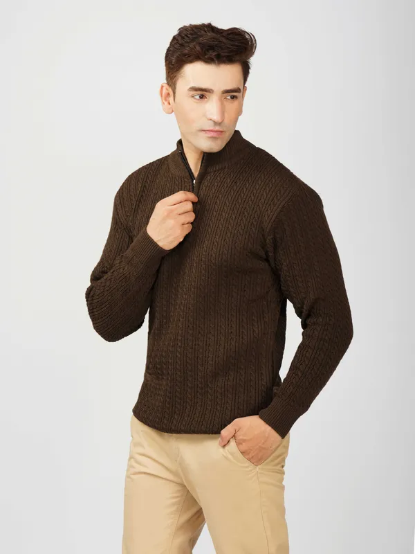 Brown_Men's_Quarter_Zip_Wool_Blend_Cable_Knit_Sweater_For_Winter