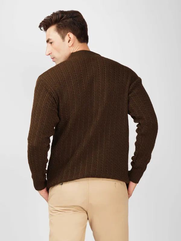 Brown_Men's_Quarter_Zip_Wool_Blend_Cable_Knit_Sweater_For_Winter