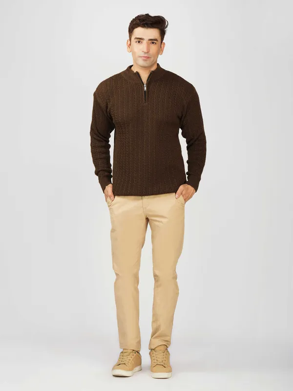 Brown_Men's_Quarter_Zip_Wool_Blend_Cable_Knit_Sweater_For_Winter