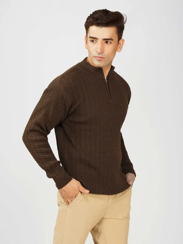 Brown_Men's_Quarter_Zip_Wool_Blend_Cable_Knit_Sweater_For_Winter