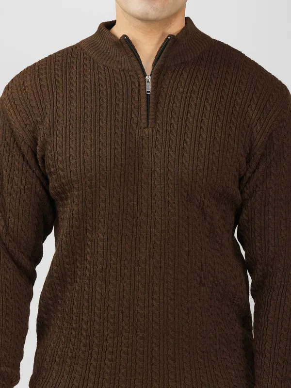 Brown_Men's_Quarter_Zip_Wool_Blend_Cable_Knit_Sweater_For_Winter