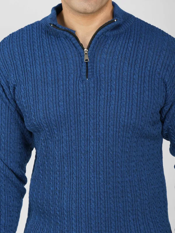Blue_Men's_Quarter_Zip_Wool_Blend_Cable_Knit_Sweater_For_Winter