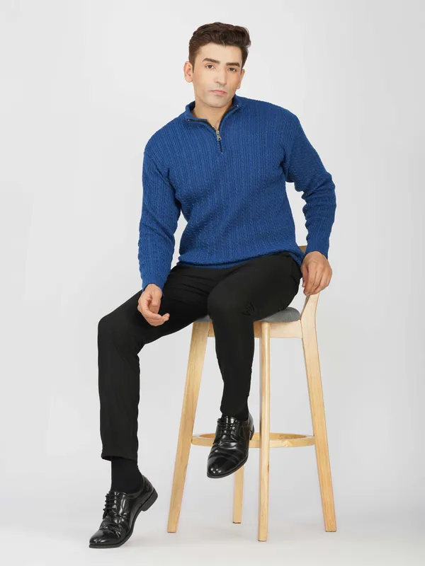 Blue_Men's_Quarter_Zip_Wool_Blend_Cable_Knit_Sweater_For_Winter