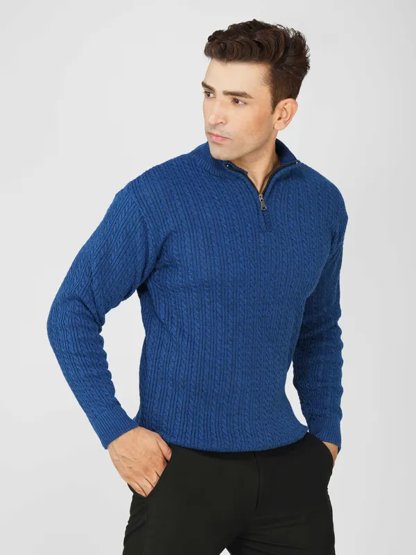 Blue_Men's_Quarter_Zip_Wool_Blend_Cable_Knit_Sweater_For_Winter