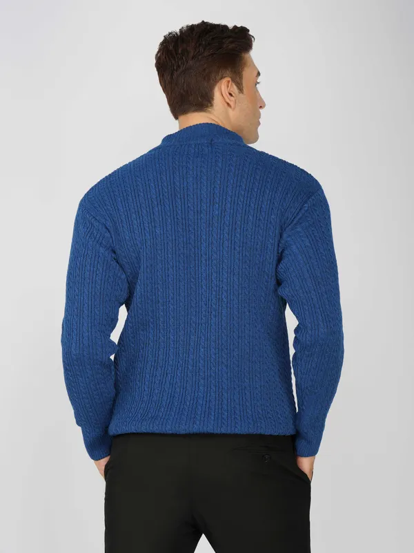 Blue_Men's_Quarter_Zip_Wool_Blend_Cable_Knit_Sweater_For_Winter