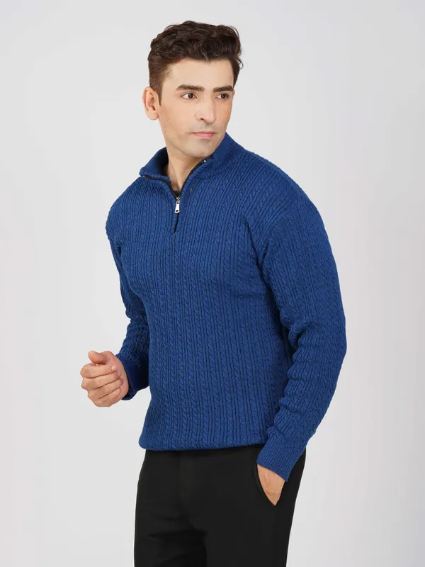 Blue_Men's_Quarter_Zip_Wool_Blend_Cable_Knit_Sweater_For_Winter