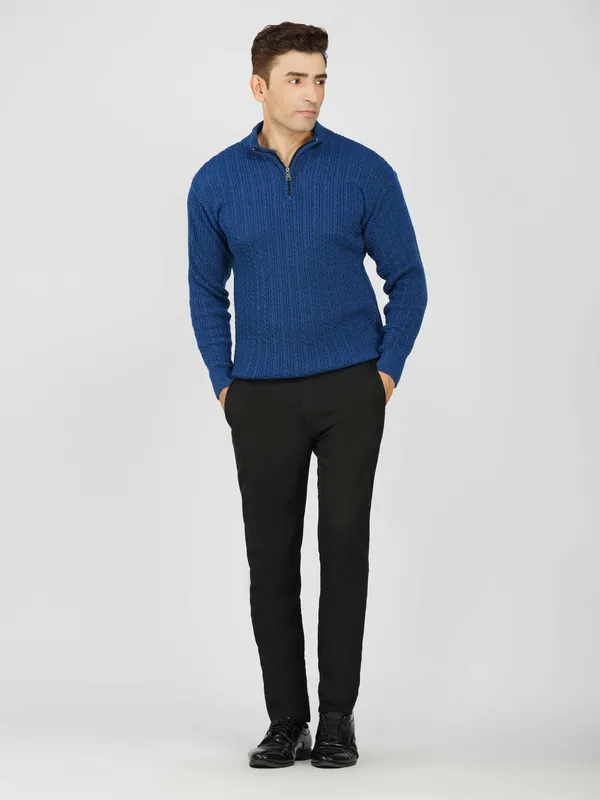 Blue_Men's_Quarter_Zip_Wool_Blend_Cable_Knit_Sweater_For_Winter